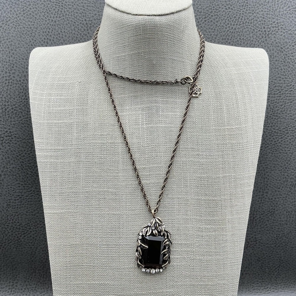 Ann Taylor Necklace‎ Gold Tone Brown Glass Pendant Leaf Rhinestone Statement 26"